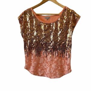 CHARLOTTE RUSSE Coral Sequin Lace Light Tee Shirt